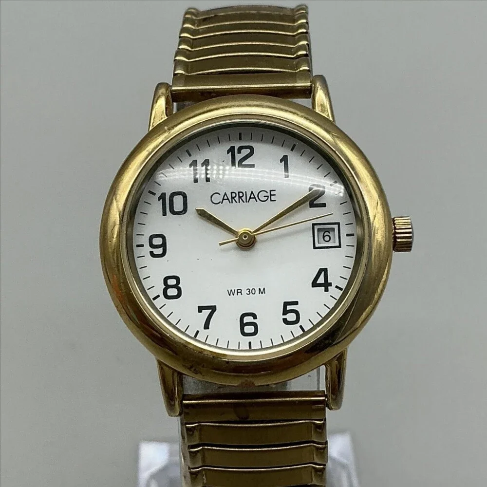 Timex Carriage Womens Watch 28mm White Dial Gold Tone Date New Battery